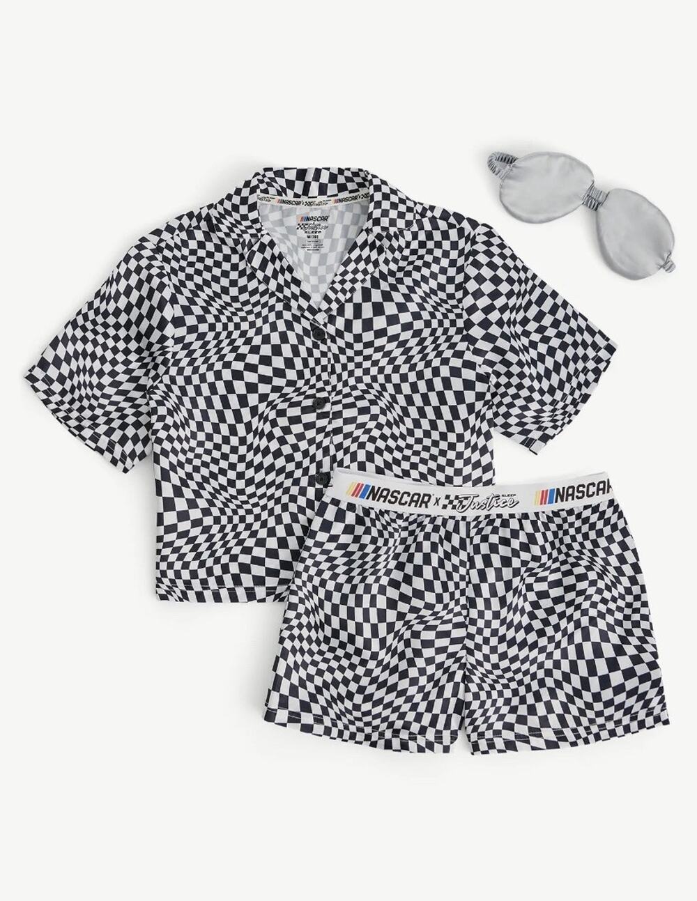 NWT NASCAR+Justice Girls M(10) Blk Pajama Lounge 3pc Shorts Shirt Mask Sleep Set